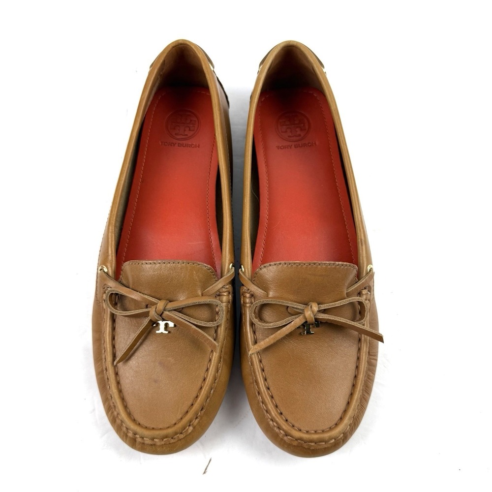 Tory Burch Ashby Shoes 7.5 Brown Soft Leather Driving Moccasin Gold T Womens